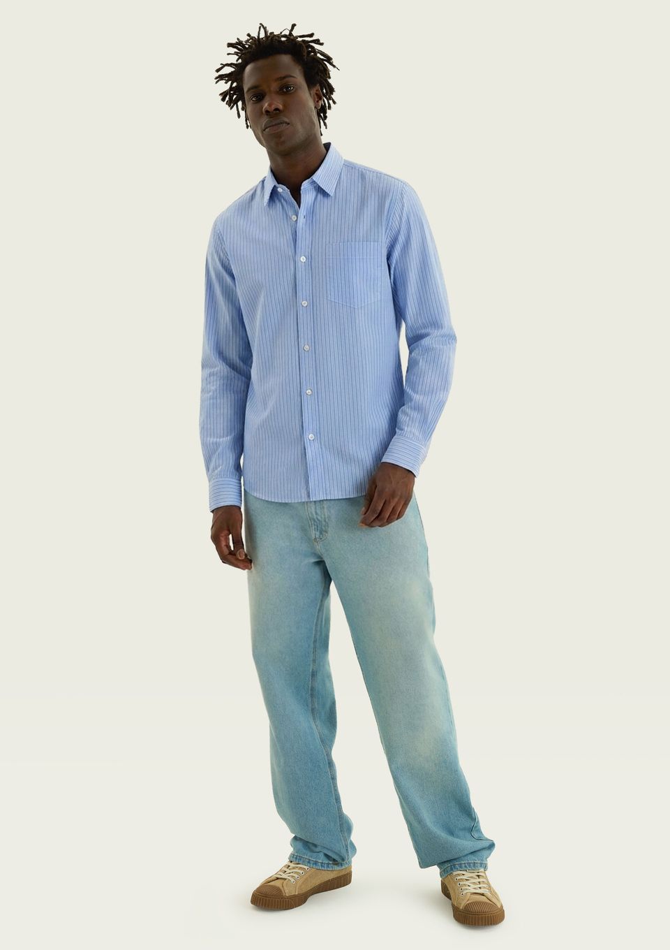 Camisa Básica Masculina Manga Longa Fio Tinto - Azul