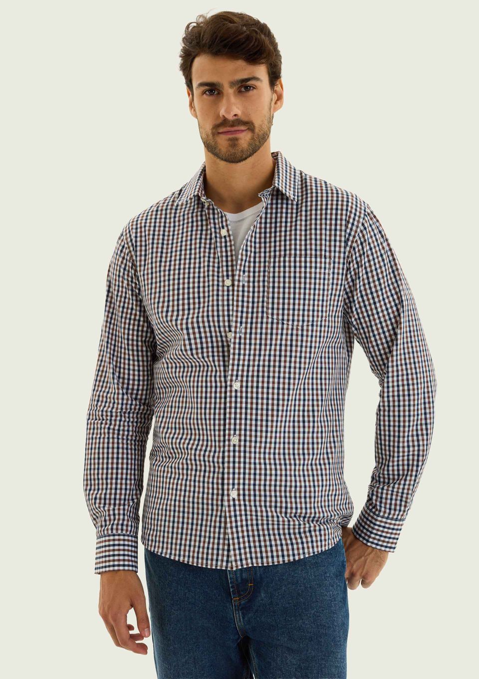 Camisa Básica Masculina Manga Longa Fio Tinto - Marrom