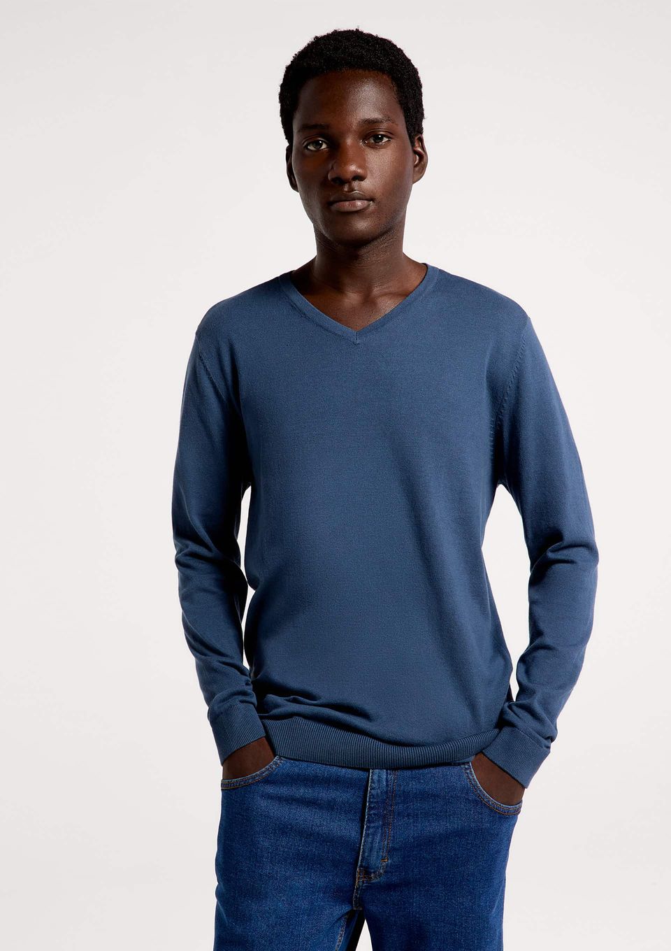Blusão Masculino Gola V em Tricô - Azul