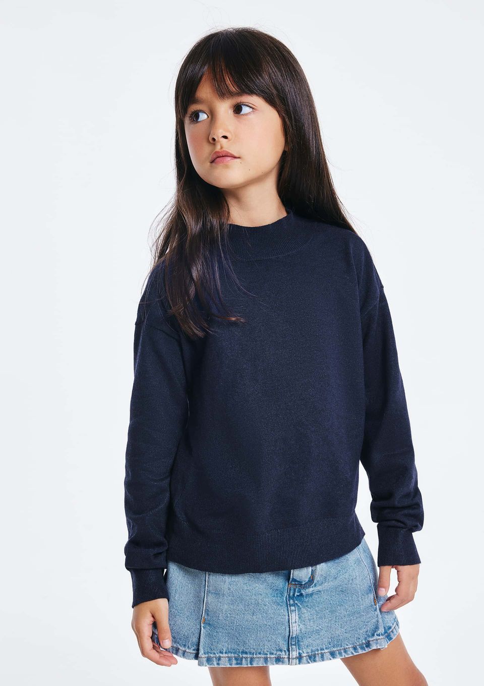 Blusão Infantil Menina Tricô Gola Alta - Azul