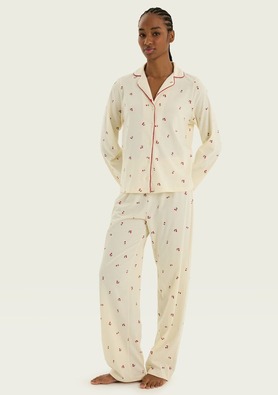 Pijama Longo Feminino Americano Estampado - Creme