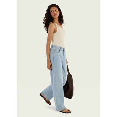 Calça Jeans Feminina Wide Leg Cintura Média - Azul