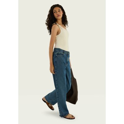Calça Jeans Feminina Wide Leg Cintura Média - Azul