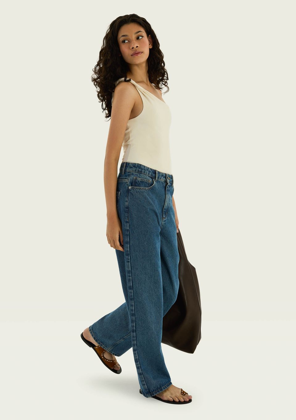 Calça Jeans Feminina Wide Leg Cintura Média - Azul