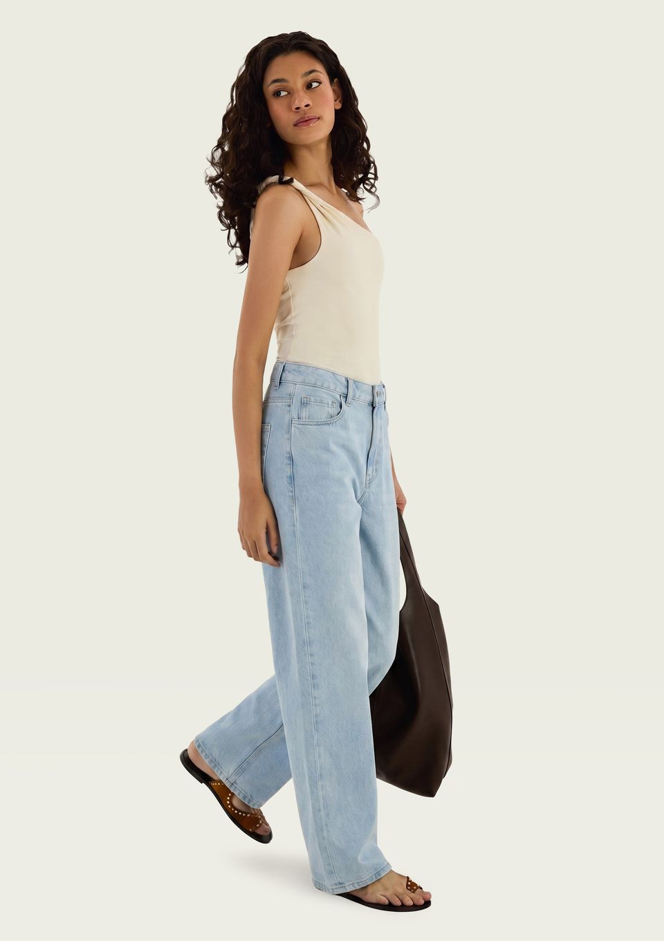 Calça Jeans Feminina Wide Leg Cintura Média - Azul