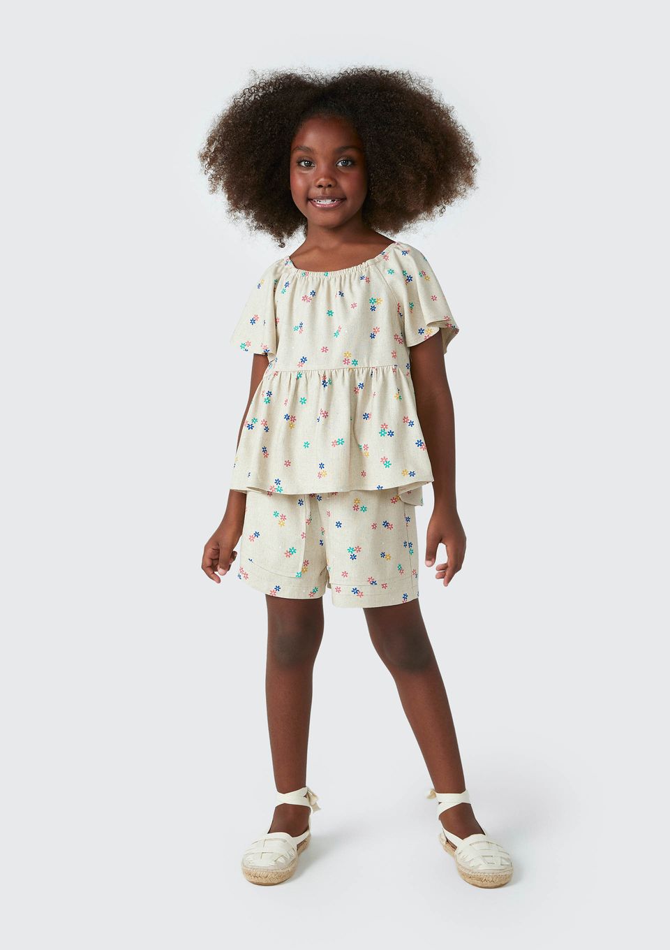 Shorts Infantil Menina Floral com Linho - Bege
