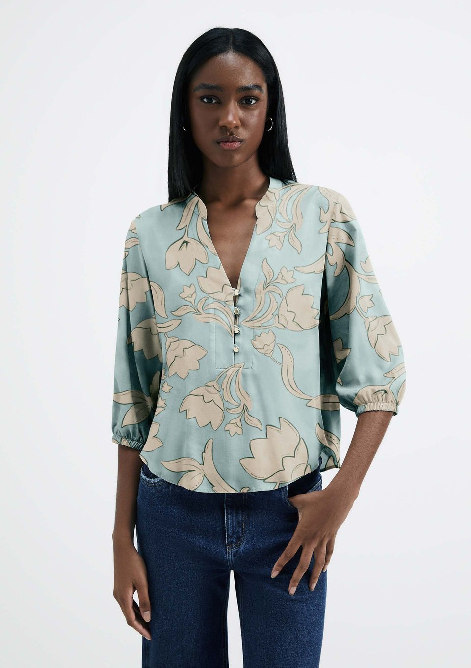 Blusa Feminina Estampada Decote V Manga Bufante - Verde