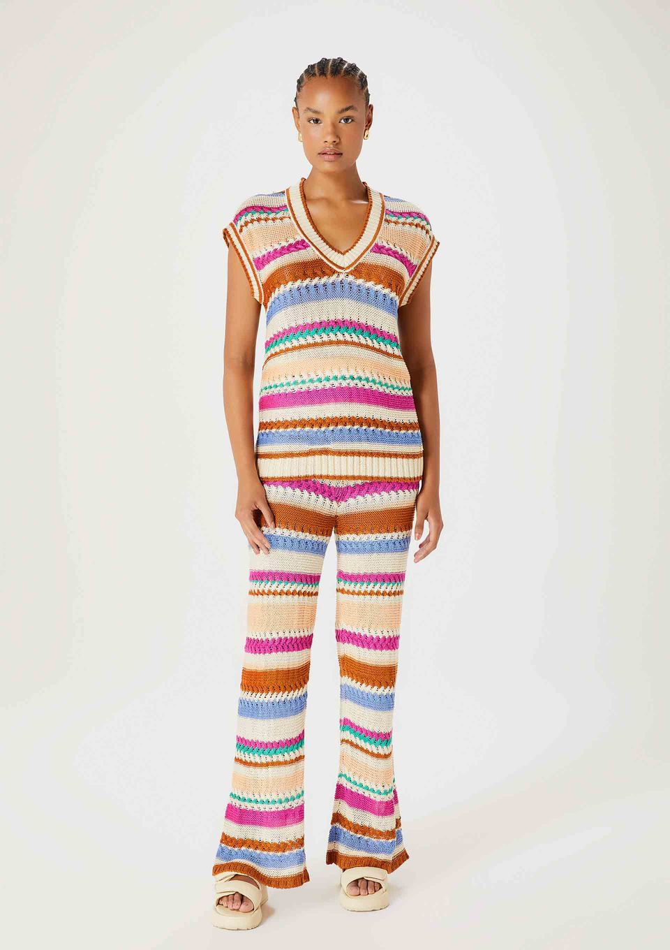 Calça Feminina Pantalona Cintura Alta em Tricô - Rosa