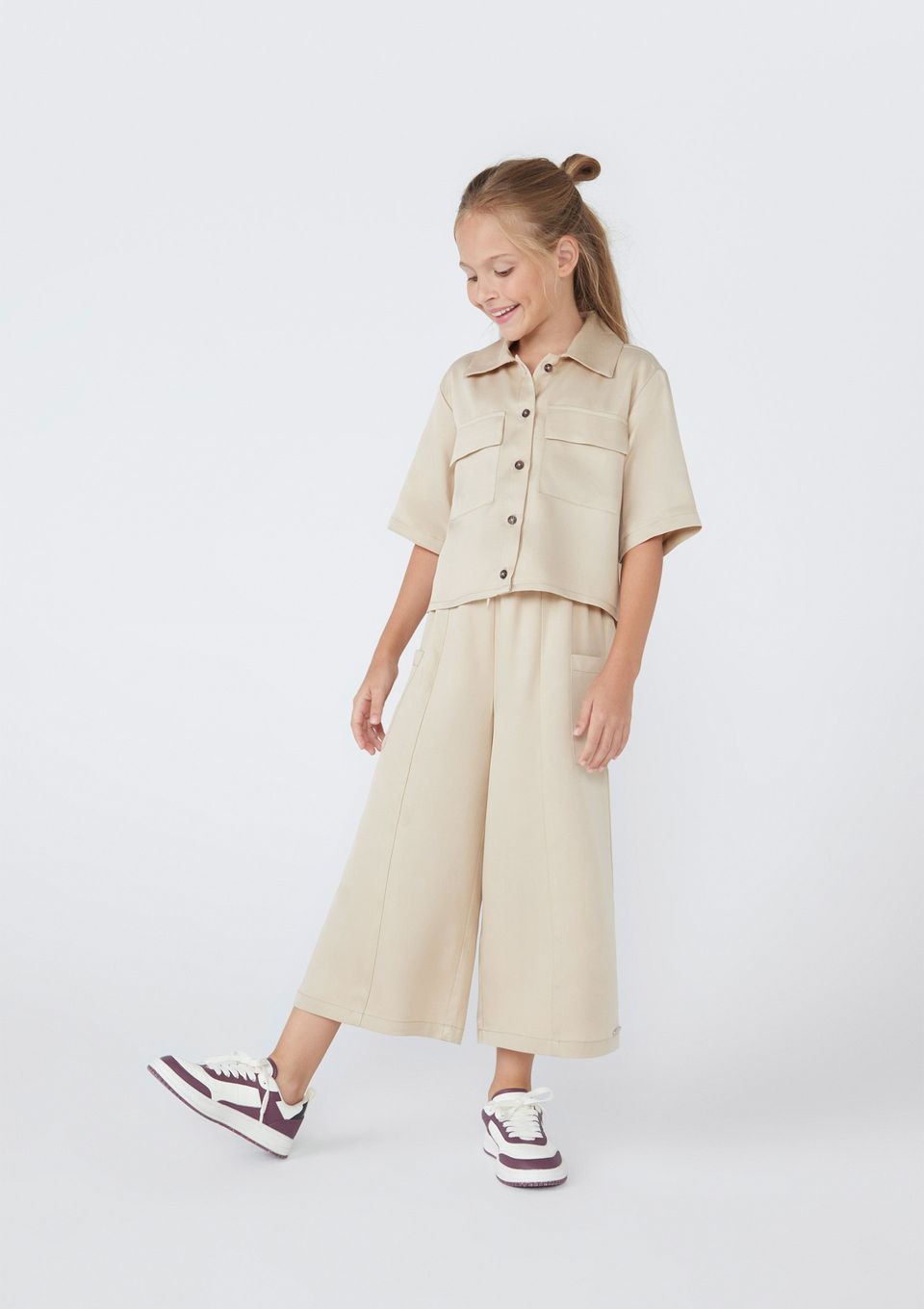 Calça Infantil Menina Pantalona em Lyocel - Bege