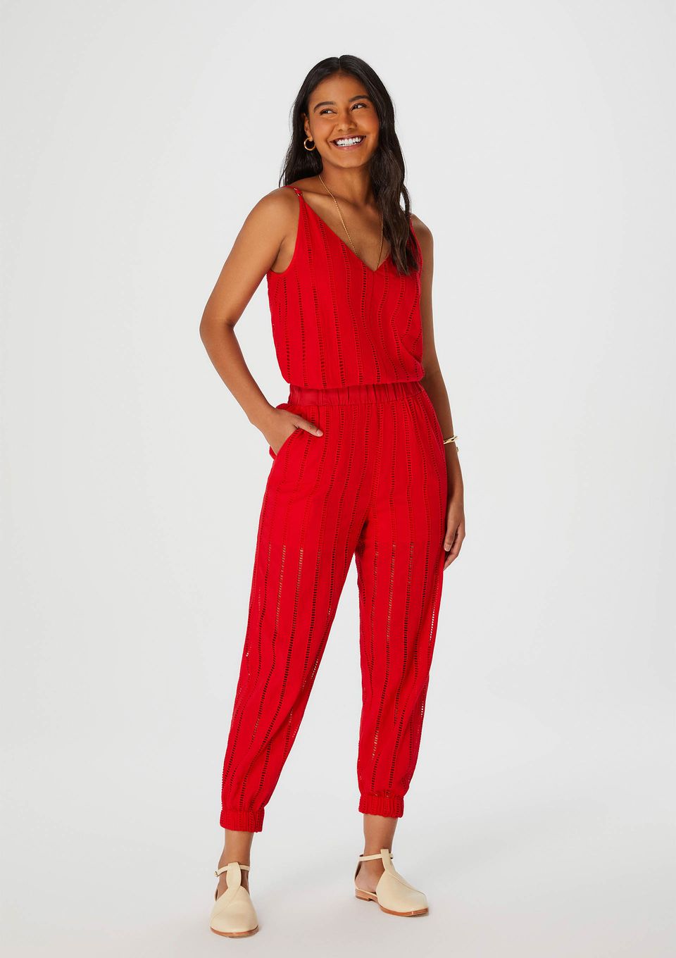 Calça Feminina Carrot Cintura Alta em Laise - Vermelho