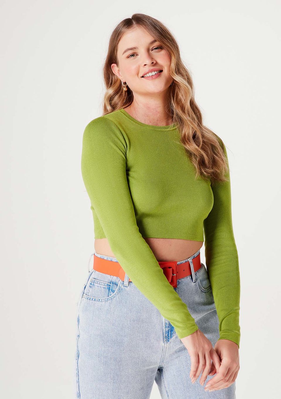 Blusa Feminina Cropped Manga Longa em Tricô - Verde