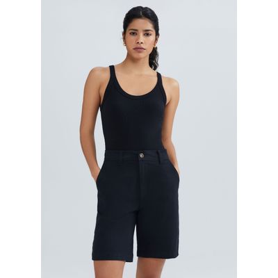 Bermuda Básica Feminina Chino Cintura Média Em Sarja - Preto