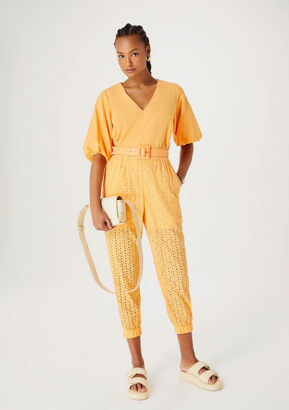 Calça Feminina Carrot Cintura Alta em Laise - Laranja