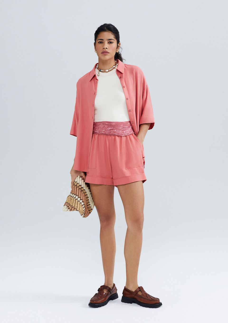 Shorts Feminino Cintura Alta com Linho - Rosa