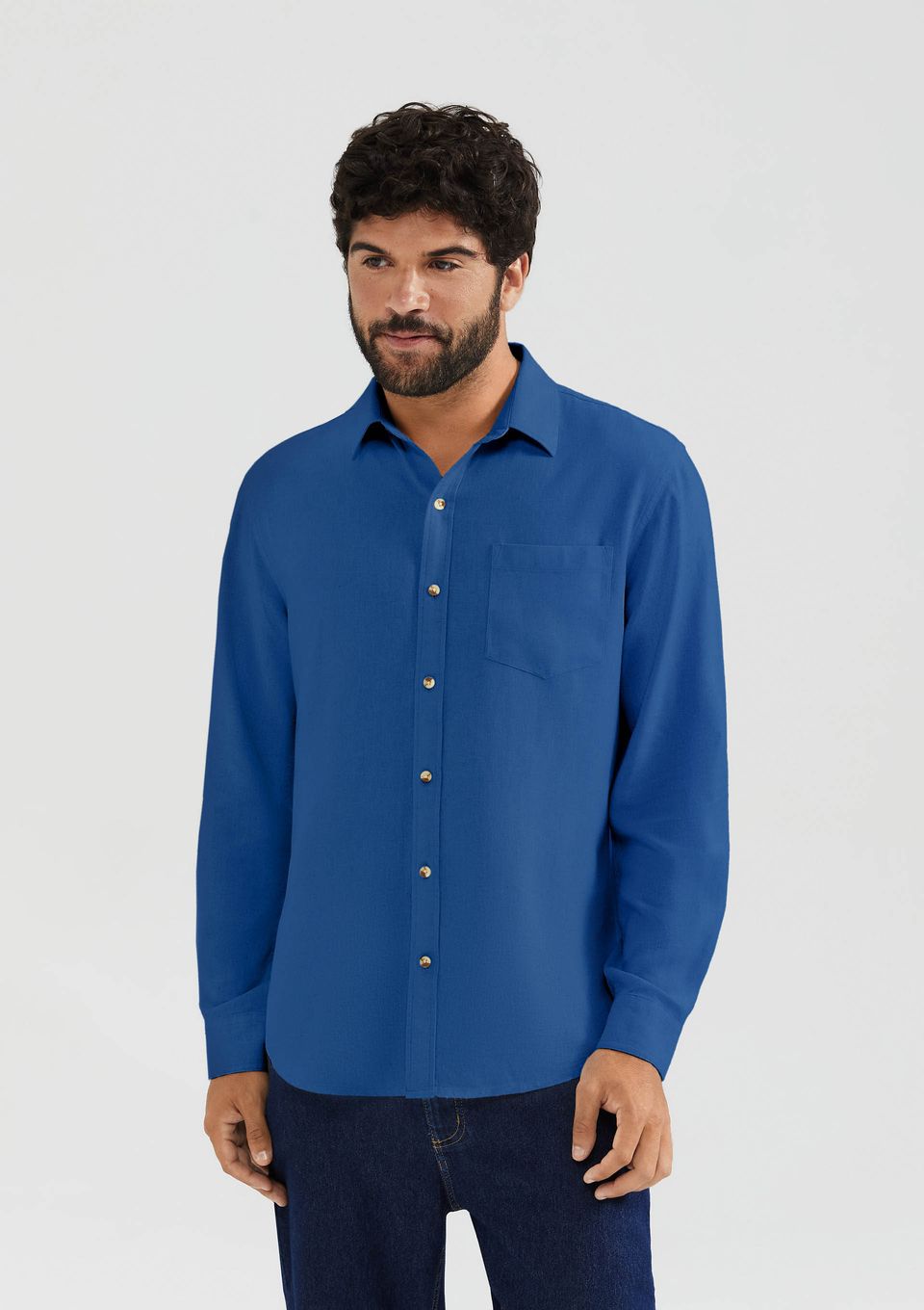 Camisa Básica Masculina Manga Longa Slim em Linho - Azul