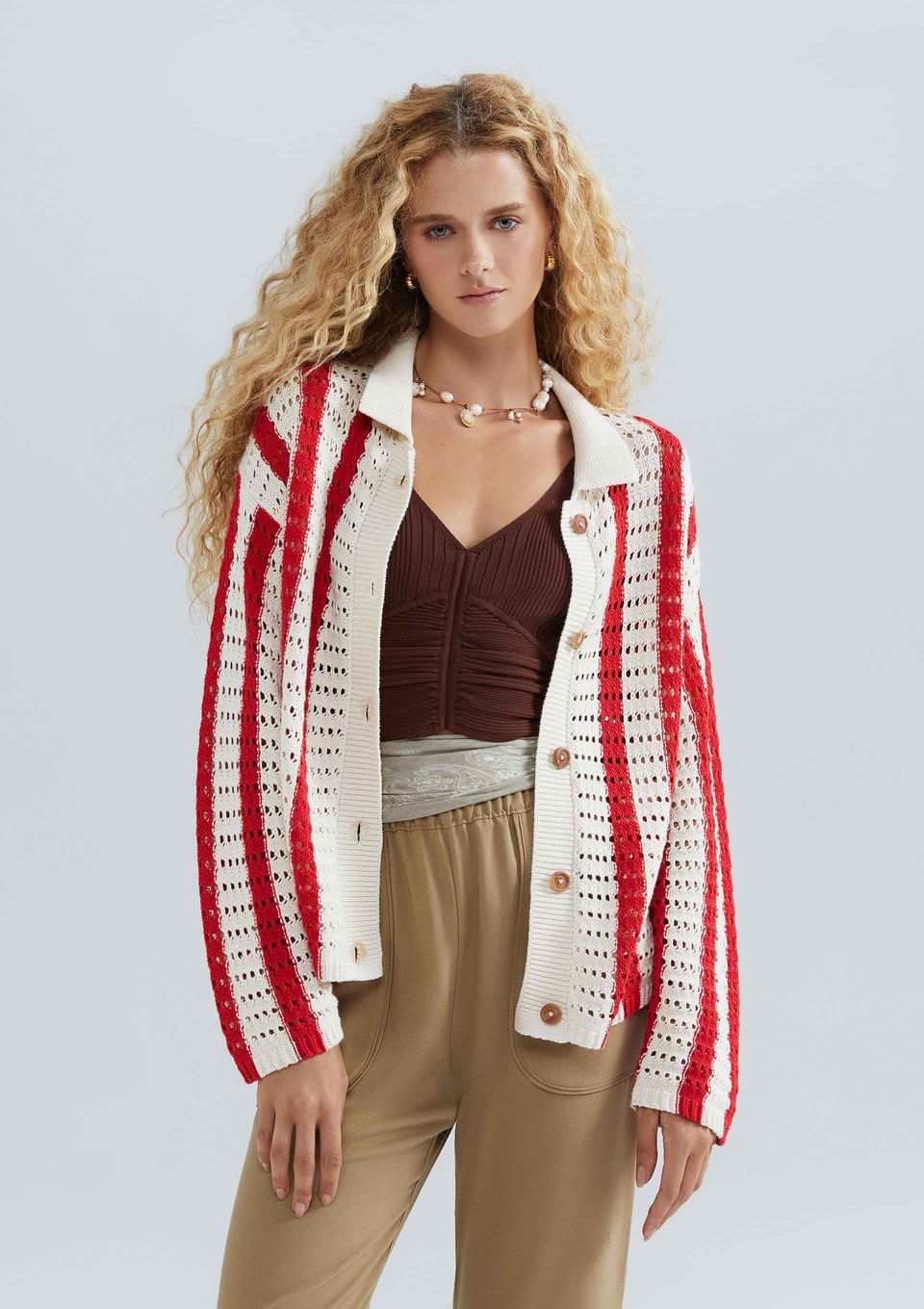 Cardigan Feminino Listrado Gola Polo em Tricô - Vermelho