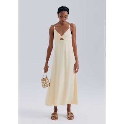 Vestido Midi Decote V Com Vazado - Amarelo
