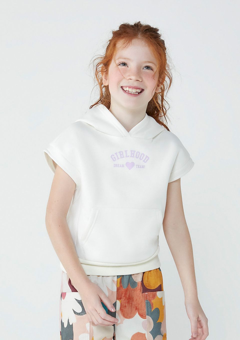 Colete Infantil Menina em Moletom com Capuz - Off White