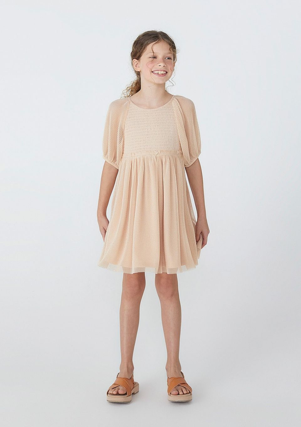 Vestido Curto Infantil com Tule  - Bege