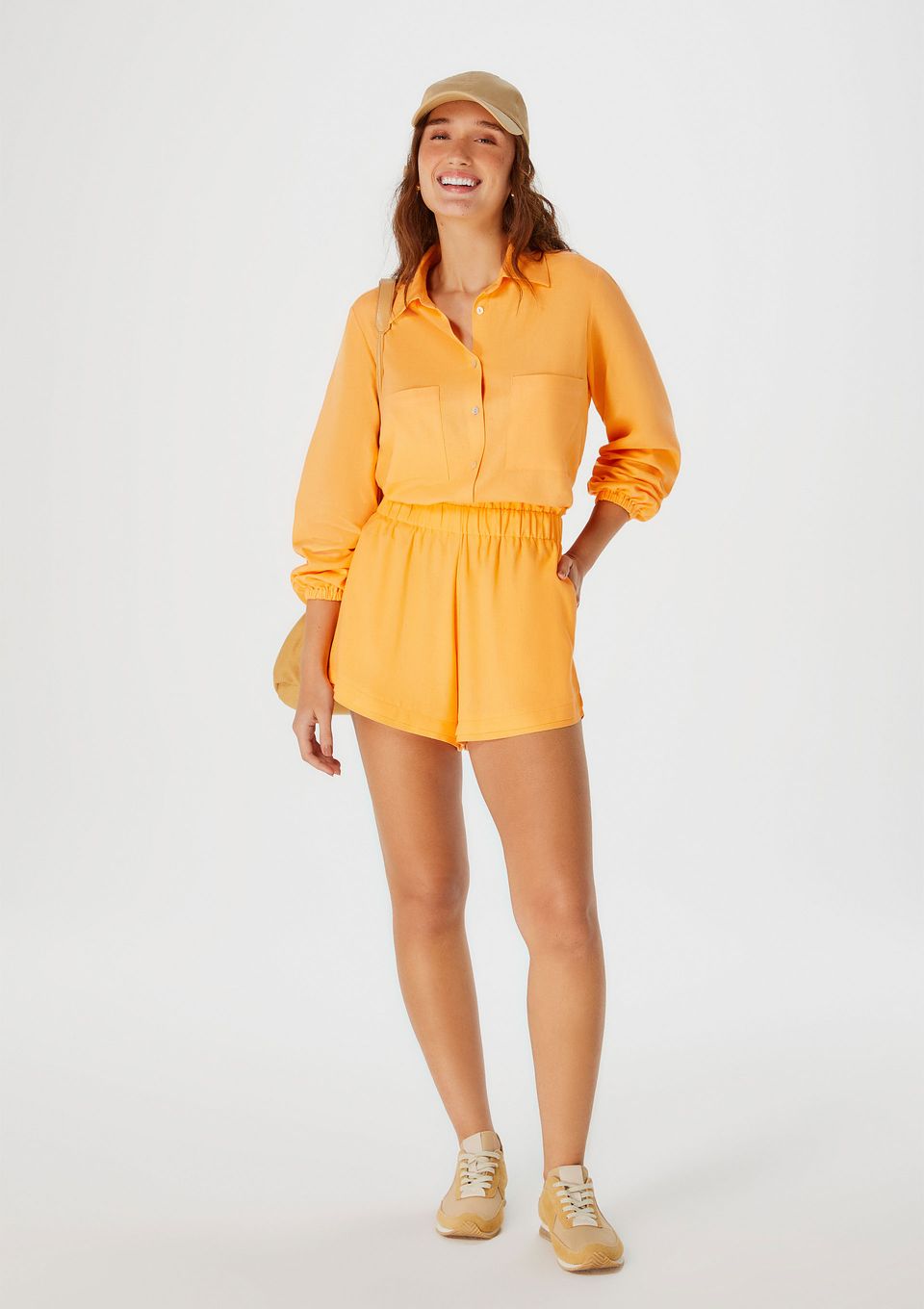 Shorts Feminino Cintura Alta com Elástico - Laranja
