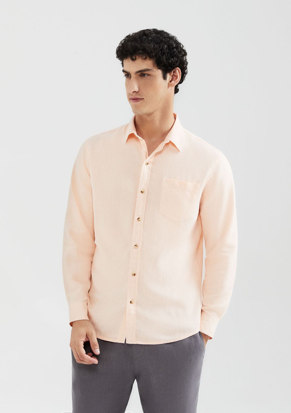Camisa Básica Masculina Manga Longa Slim em Linho - Rosa