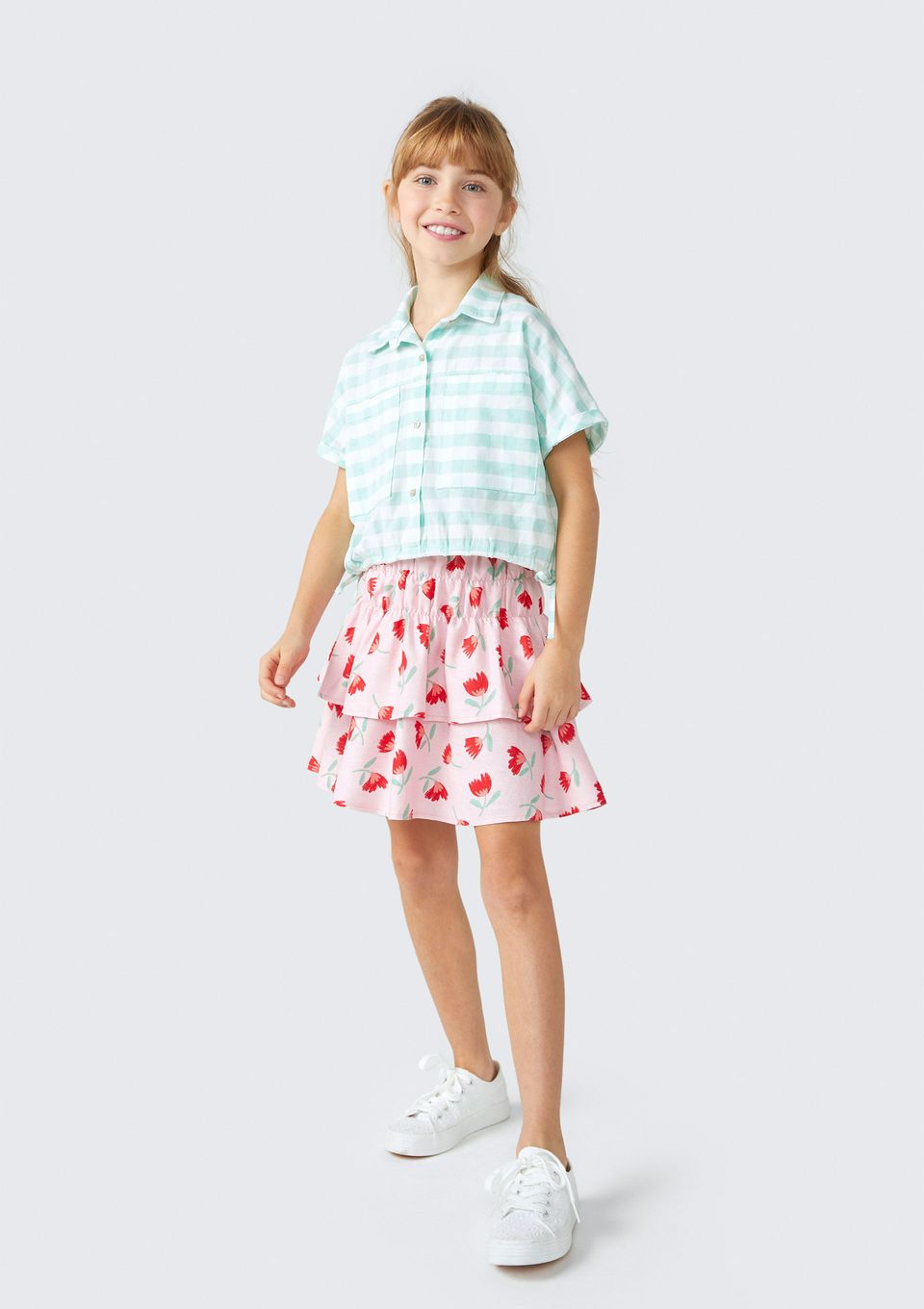 Saia Curta Infantil com Babados Estampado - Rosa
