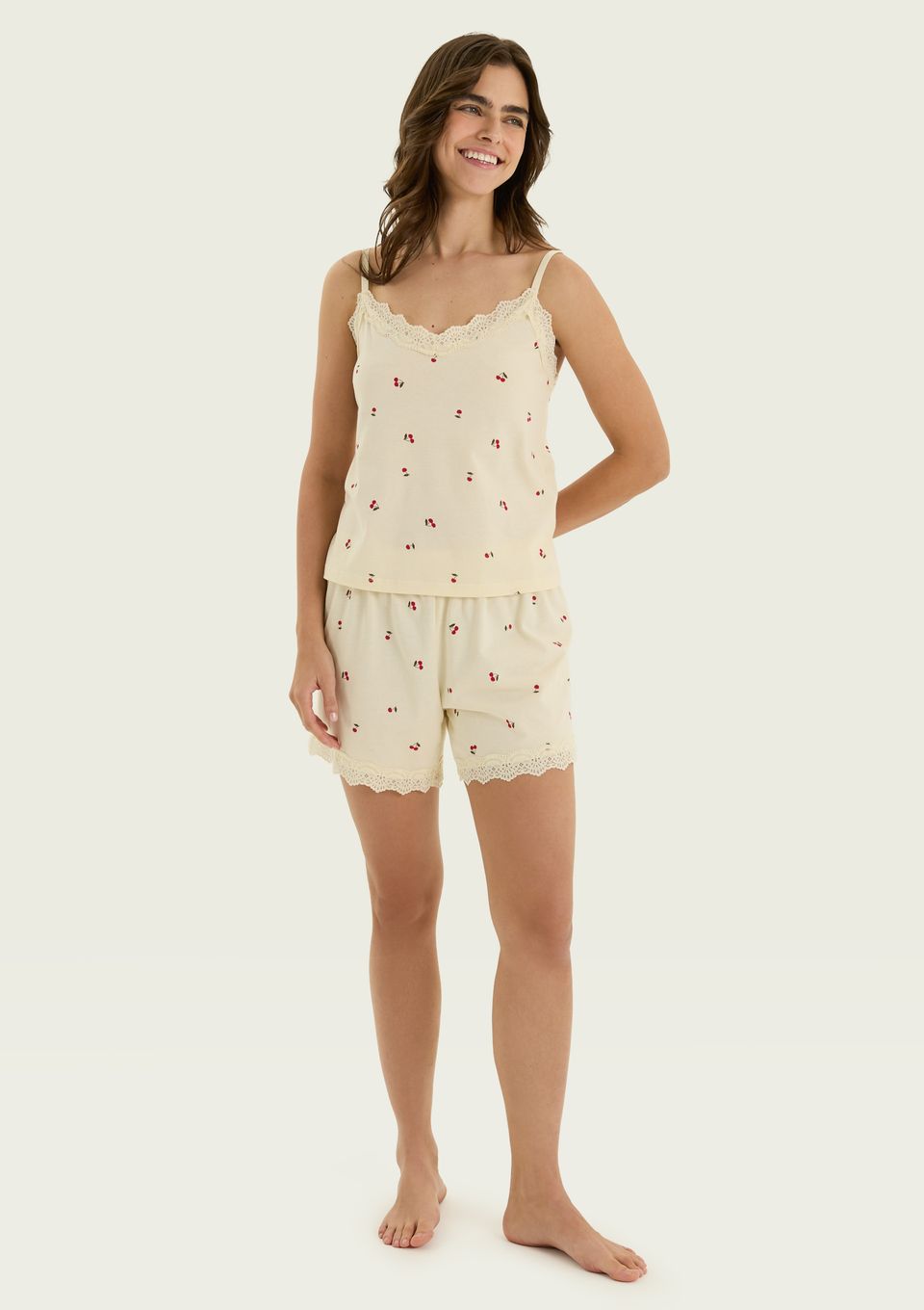 Pijama Curto Feminino Estampado com Renda - Creme