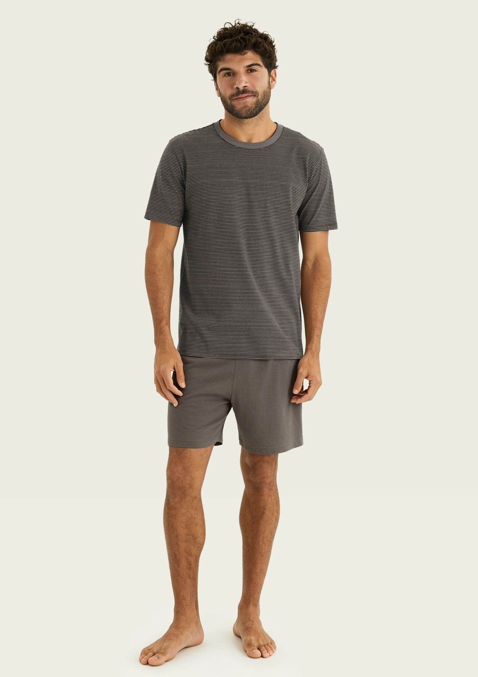 Pijama Curto Masculino Listrado com Linho - Marrom
