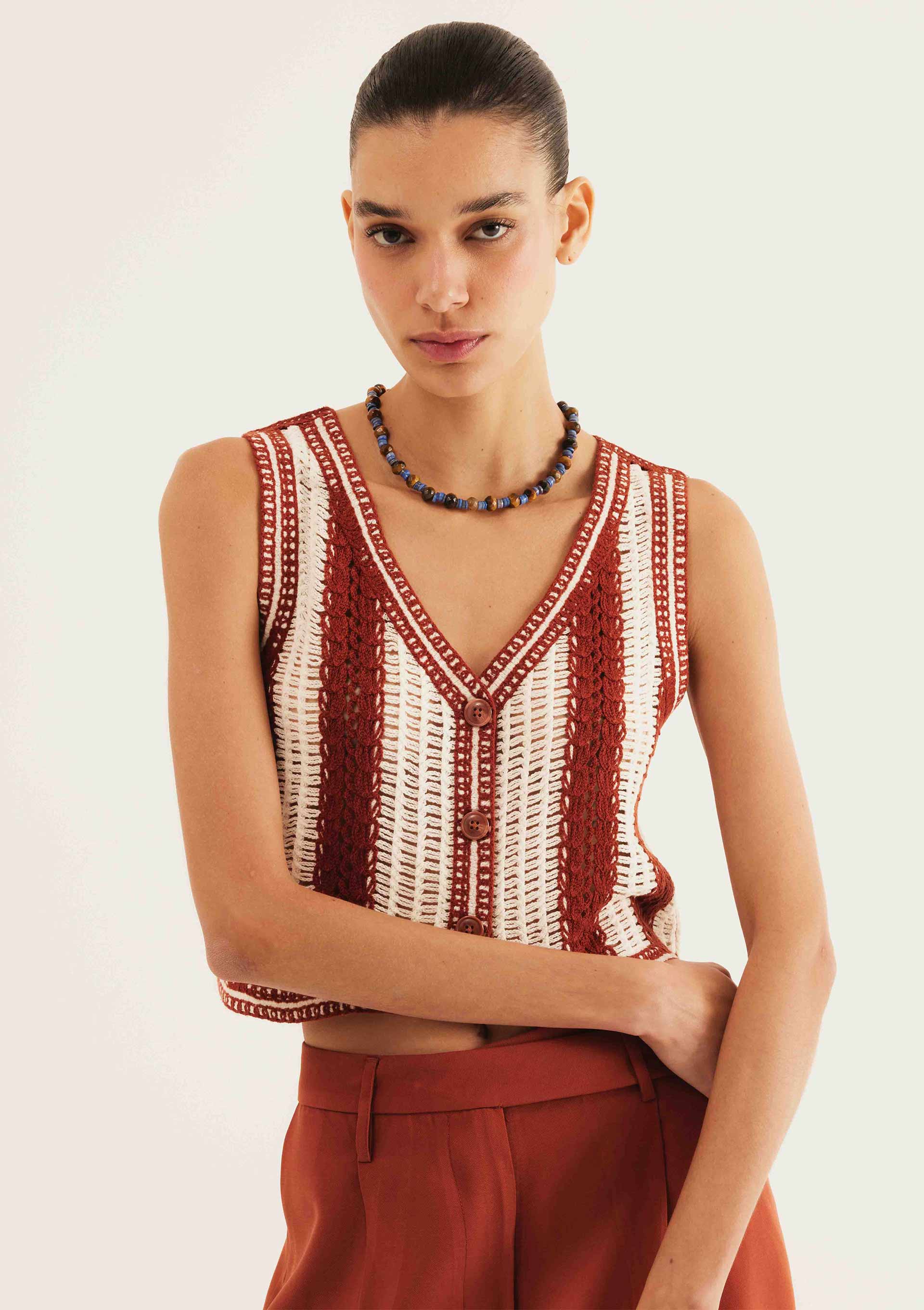 Colete Feminino em Tricô Listrado - Terracota — Hering