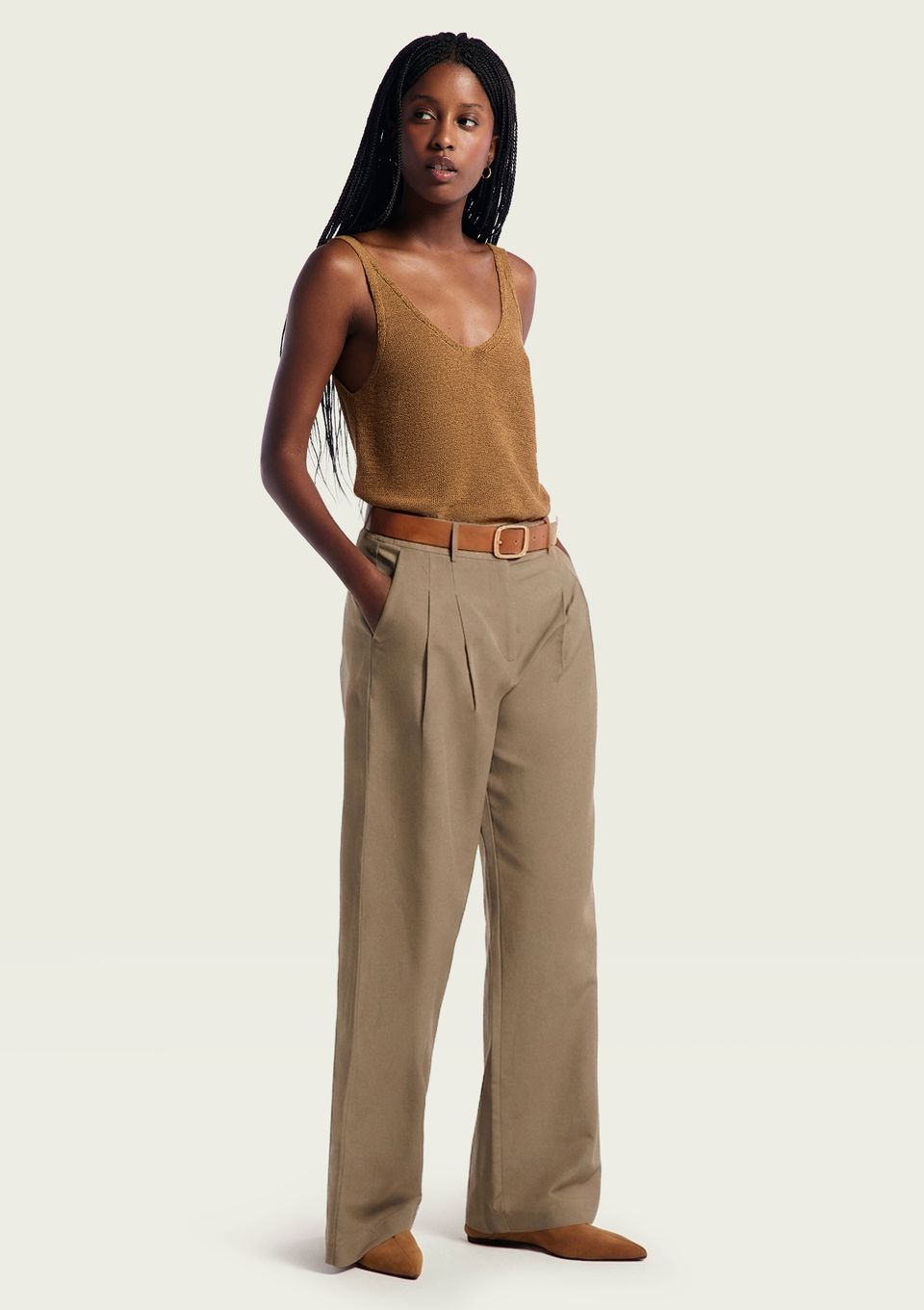 Calça Feminina Cintura Média com Linho - Bege
