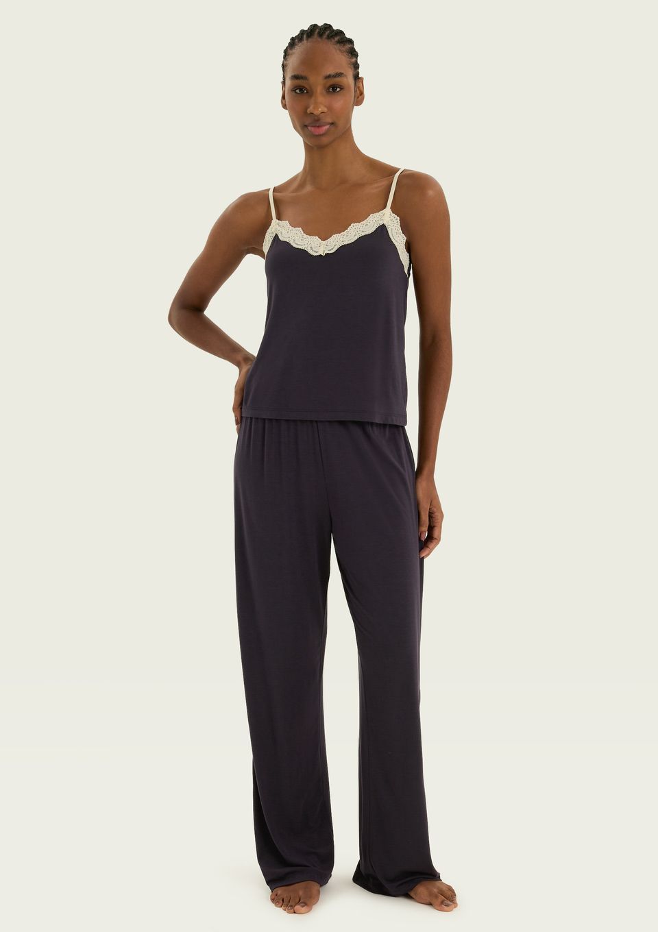 Pijama Longo Feminino em Viscose com Renda - Azul