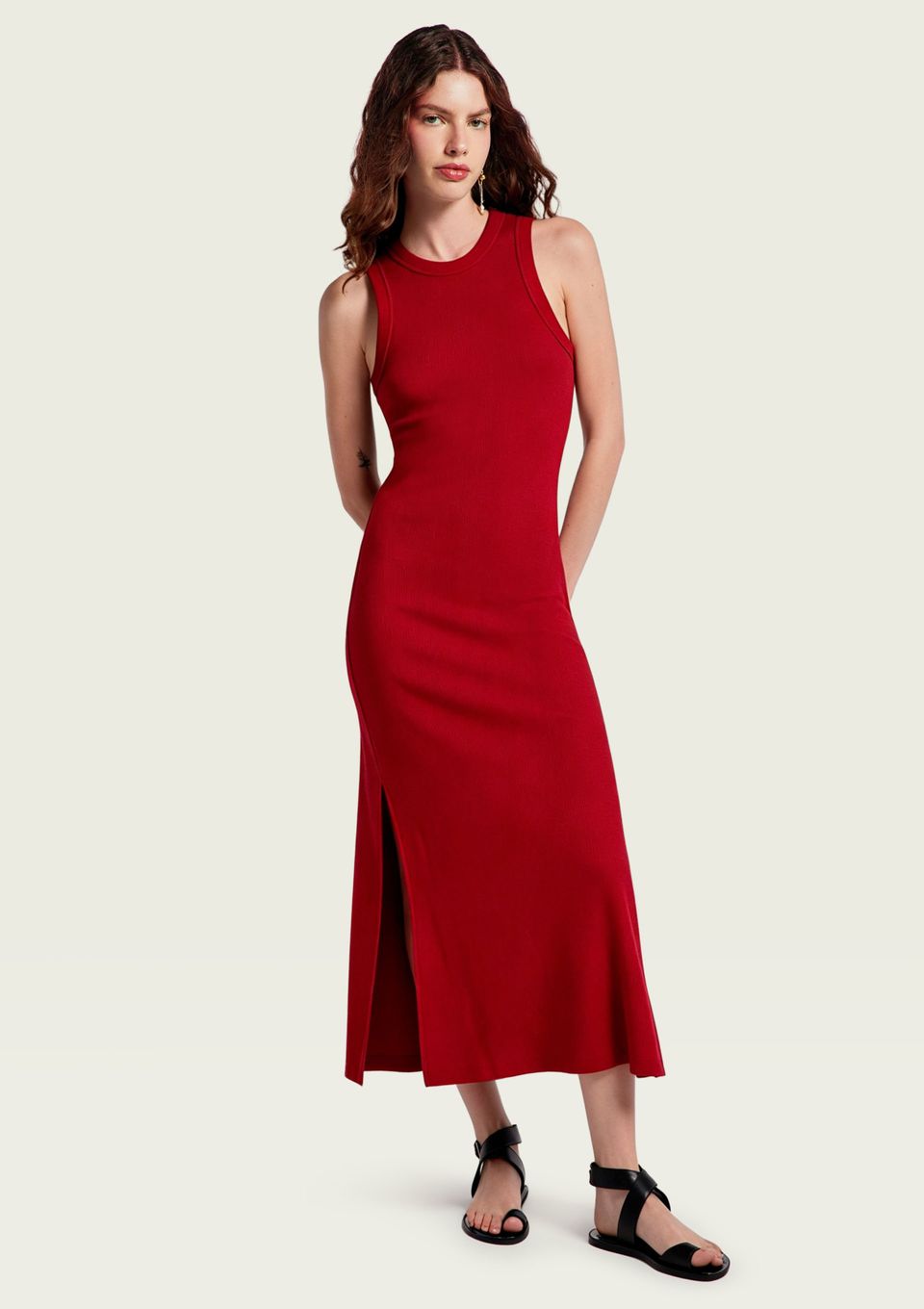 Vestido Midi em Ribana Canelada com Fenda - Vermelho