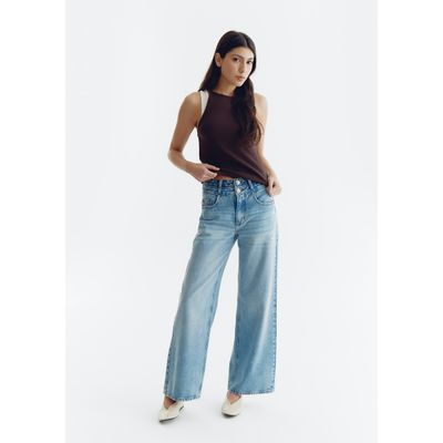 Calça Jeans Feminina Wide Leg Cós Duplo - Azul