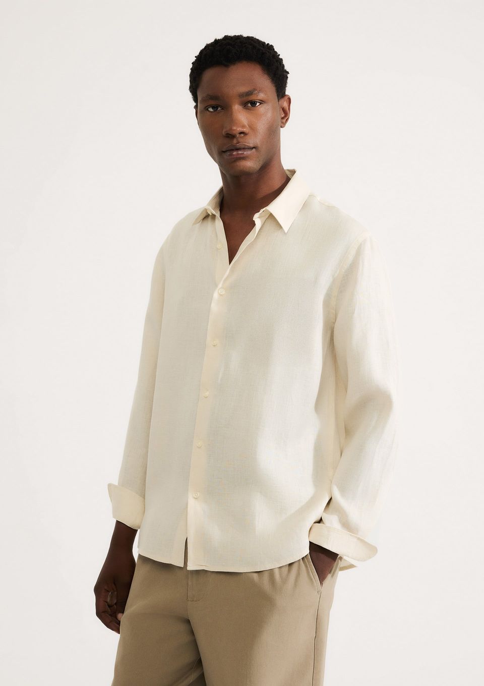 Camisa Masculina Manga Longa em Linho - Bege