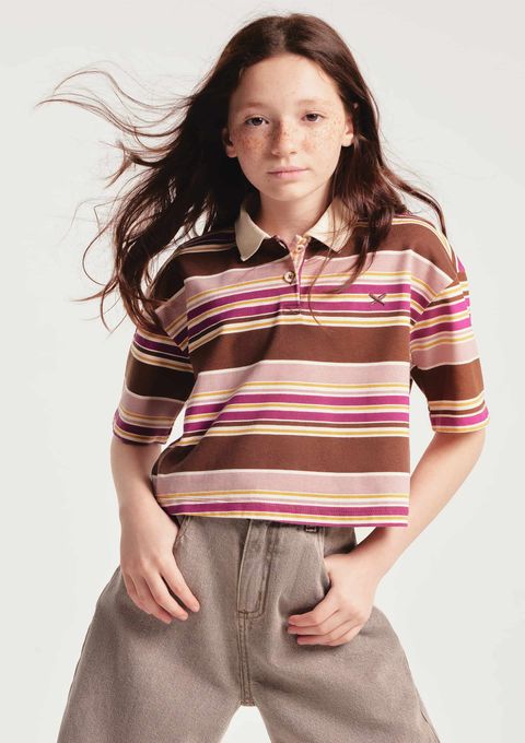 Camisa Polo Infantil Menina Cropped Listrada - Marrom — Hering