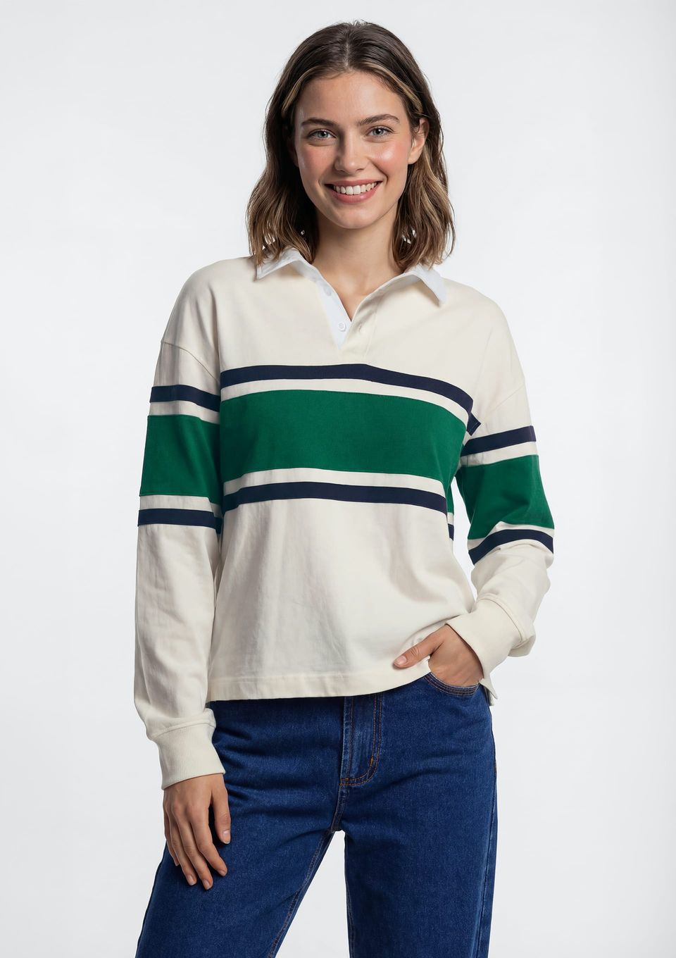 Polo Feminina Manga Longa Box com Recortes - Off White