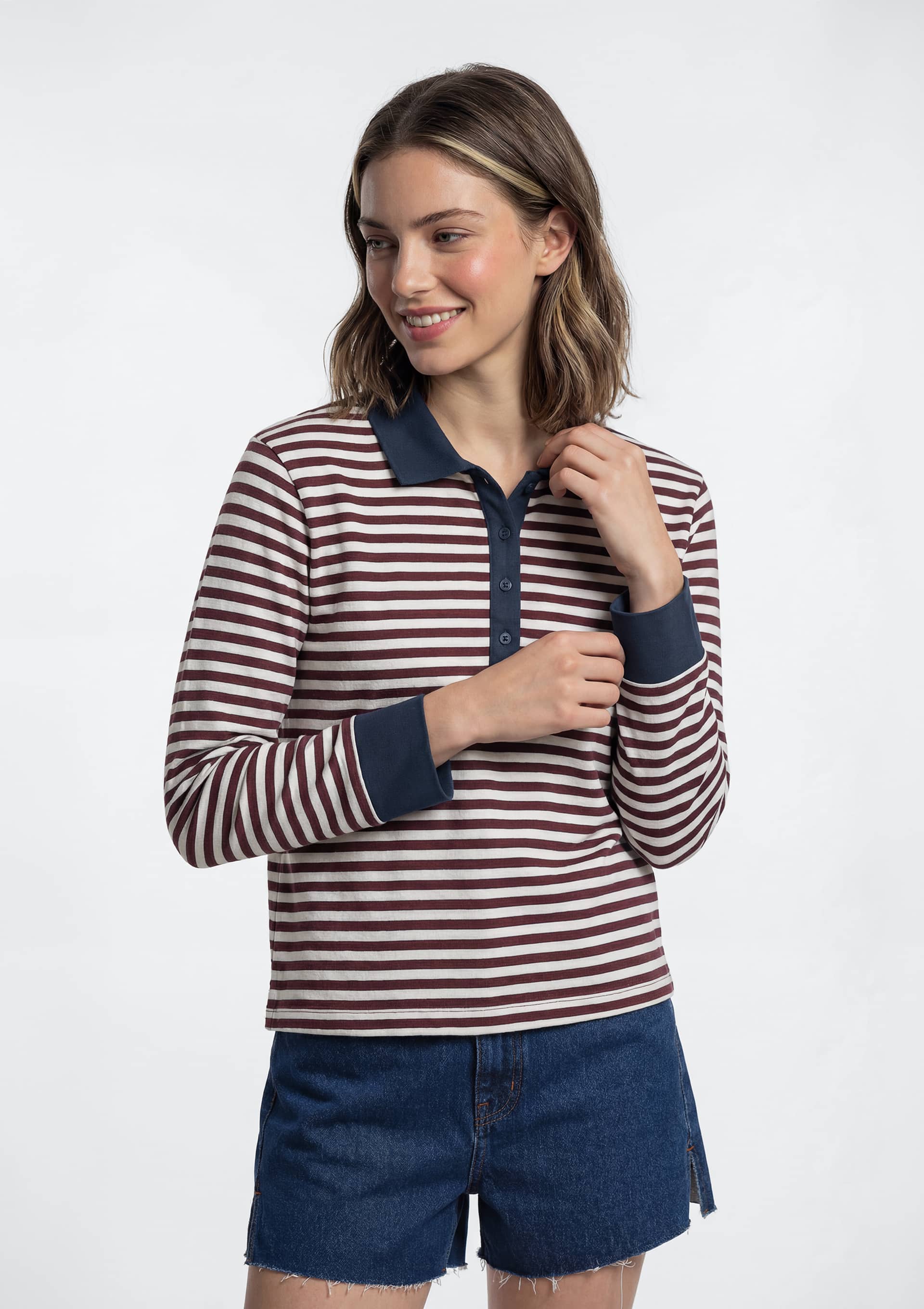 Blusão Polo Feminino Fio Tinto Listrado - Vinho — Hering