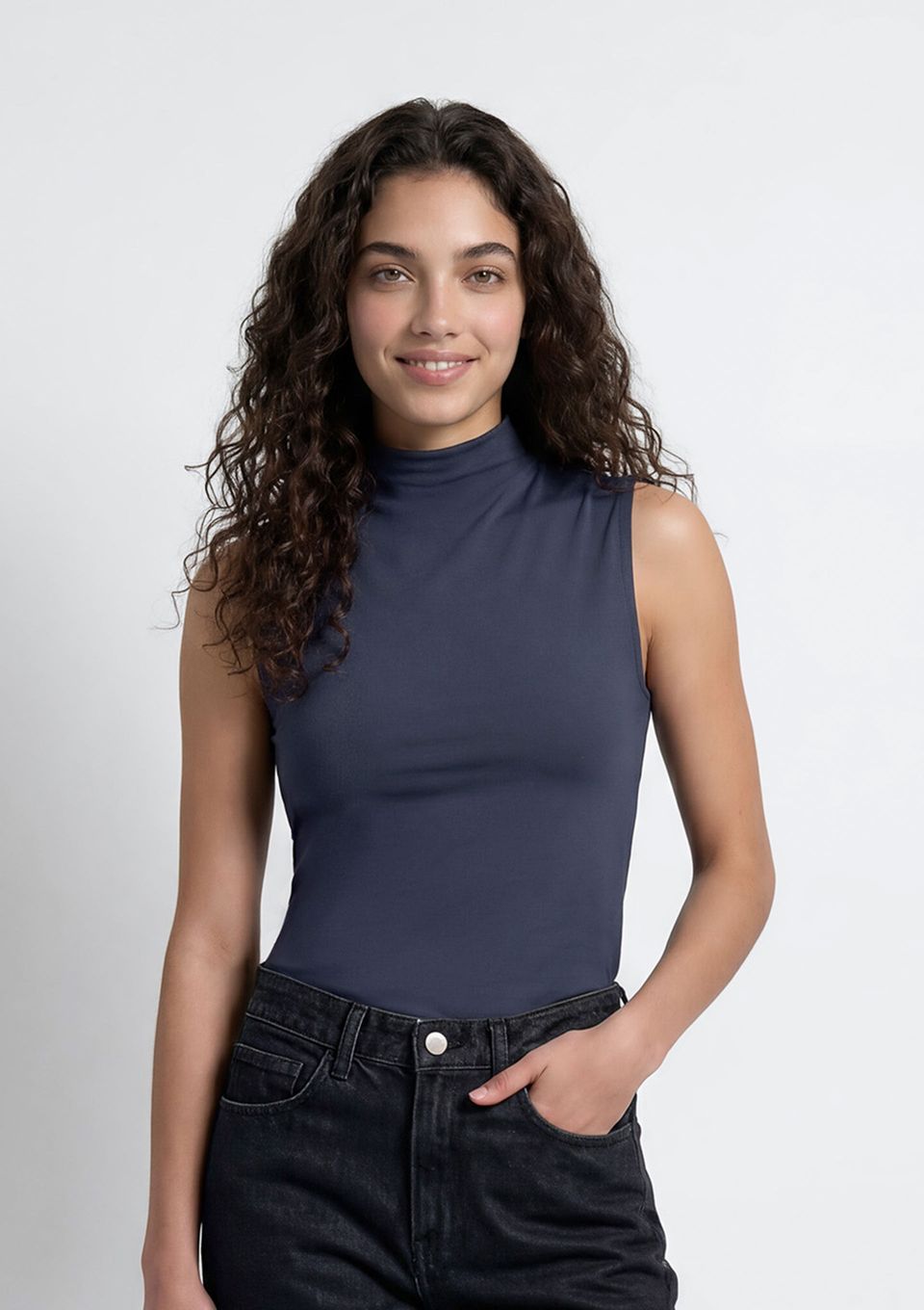 Regata Feminina Gola Alta em Interlock - Azul