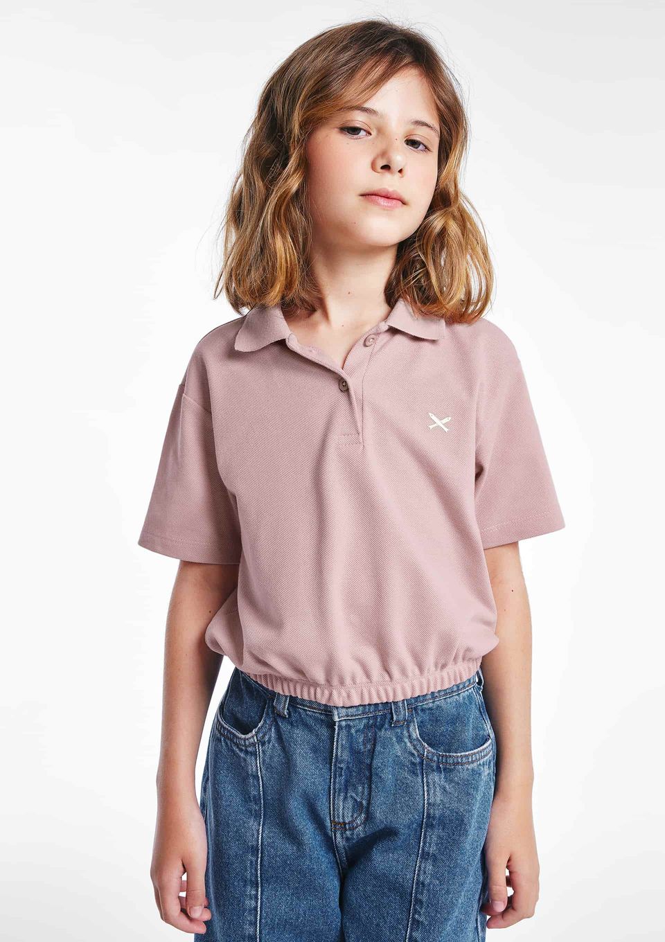 Polo Infantil Menina Manga Curta com Bordado - Rosa