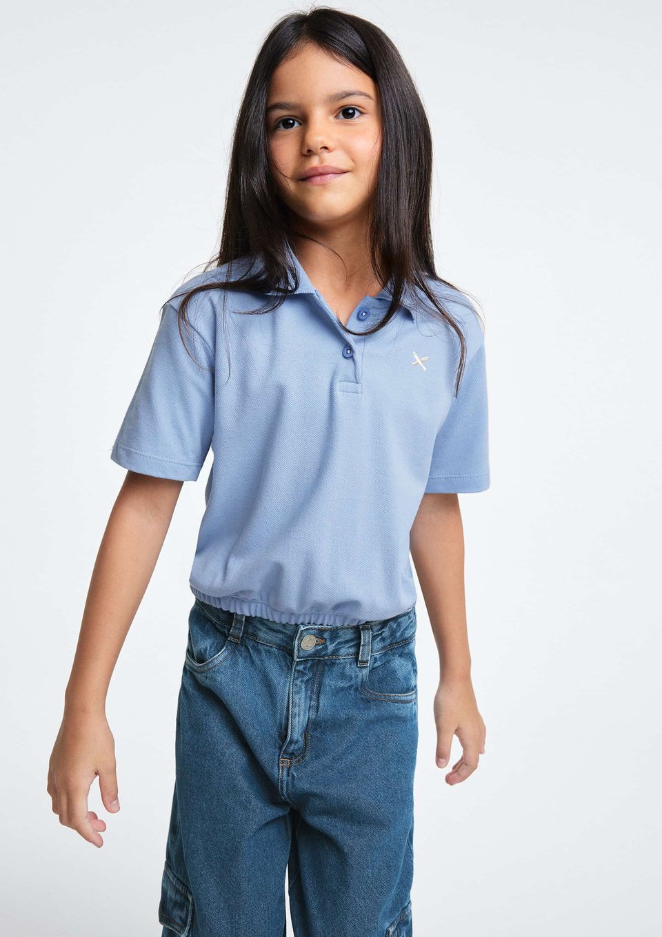 Polo Infantil Menina Manga Curta com Bordado - Azul