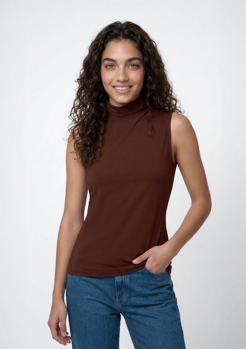 Regata Feminina Gola Alta em Interlock - Marrom — Hering