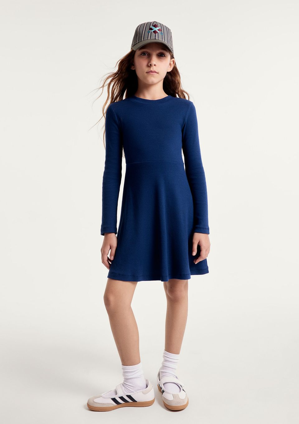 Vestido Infantil Evasê em Ribana Canelada - Azul