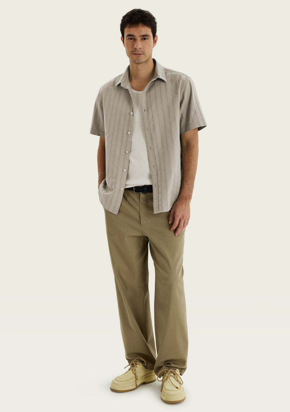 Camisa Masculina Manga Curta Texturizada - Bege