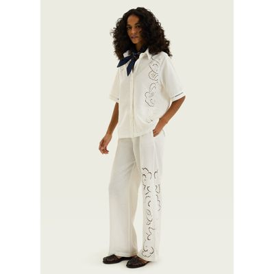 Calça Feminina Reta Com Bordado - Off white