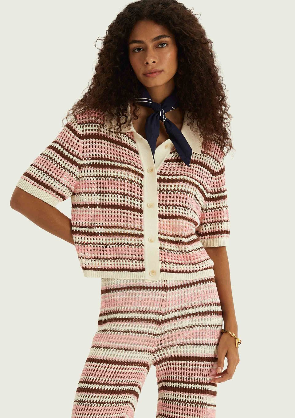 Polo Feminina Estampada com Botões em Tricô - Rosa
