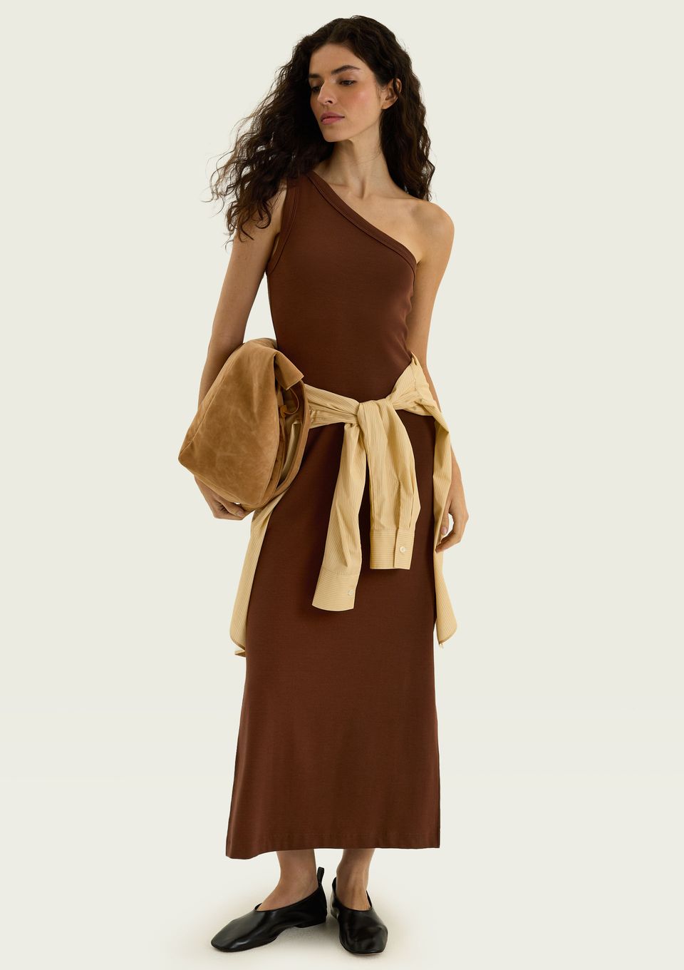 Vestido Midi Um Ombro Só em Ribana Ultrasoft - Marrom