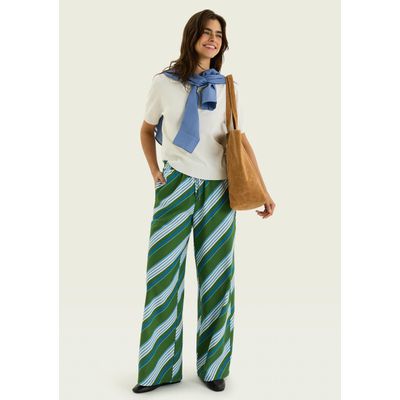 Calça Feminina Reta Estampada Cintura Alta - Verde