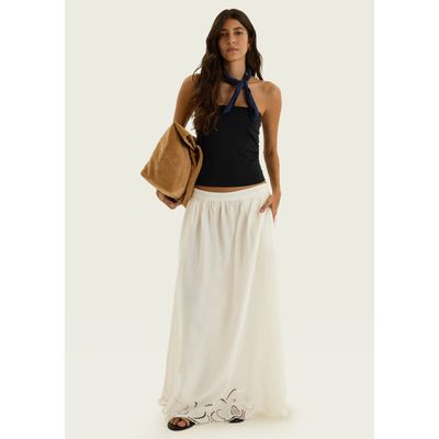 Saia Midi Evasê Com Bordado - Off white