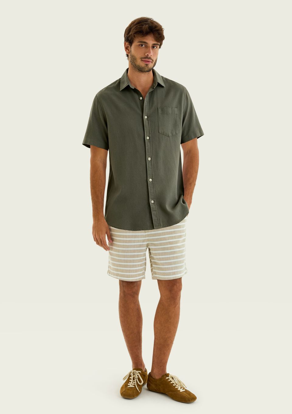 Camisa Básica Masculina Manga Curta em Linho - Verde