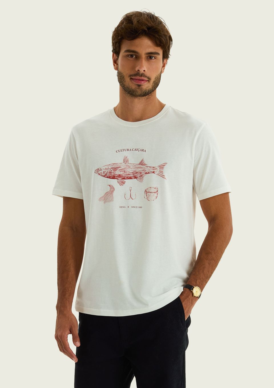 Camiseta Masculina com Estampa em Malha Premium - Off White